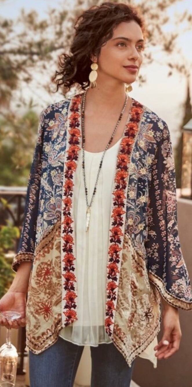 Soft Surroundings Topper Kimono Women’s Size Medium Moonlight Garden Boho Velvet